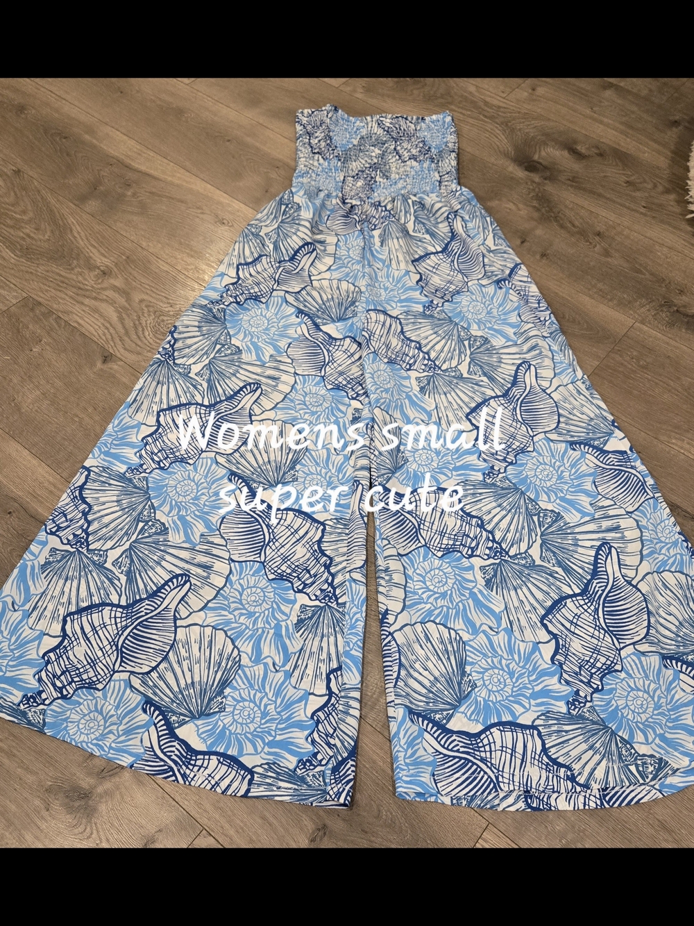 Smocked Blue Shell-Print Wide Leg Jumpsuit